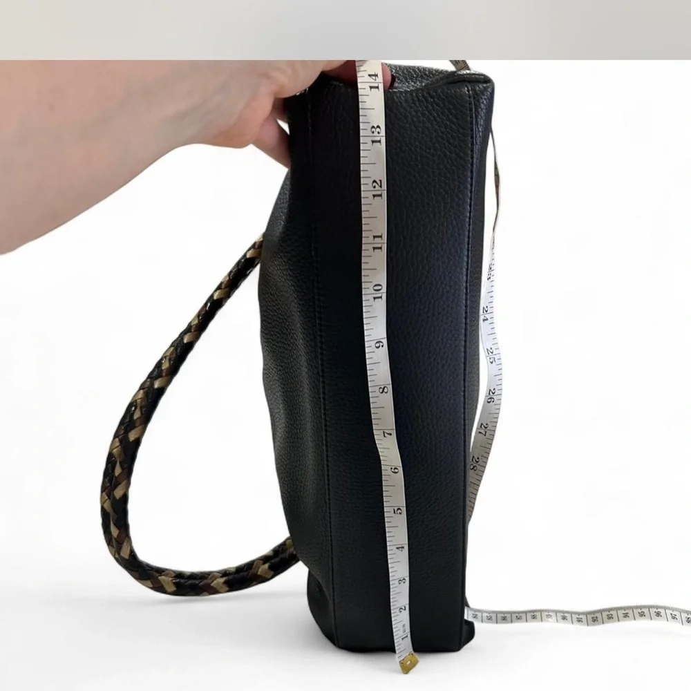 BRIGHTON Black Pebbled Leather Slouchy Hobo Bag Braided Strap Boho Silver-tone